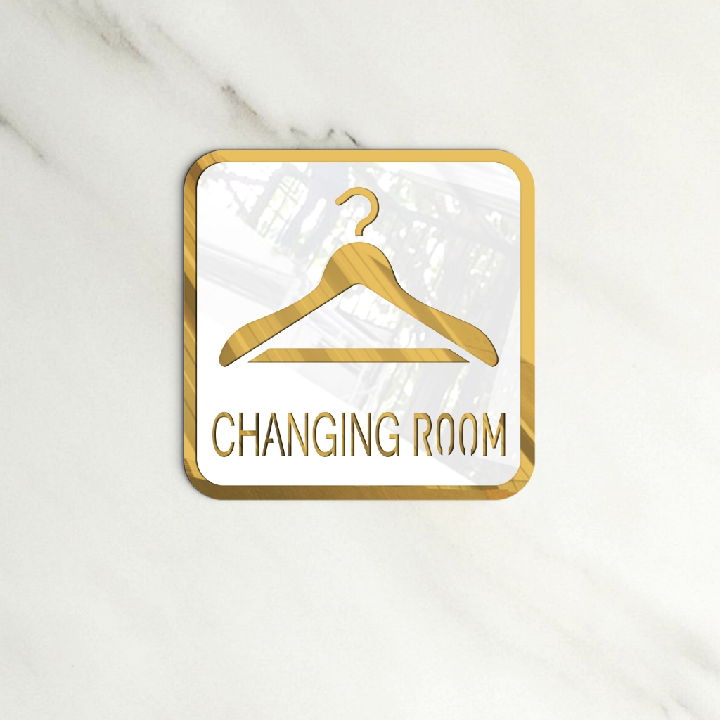 ป้าย CHANGING ROOM ห้องเปลี่ยนชุด อะคริลิก ขาวทอง สไตล์หรู