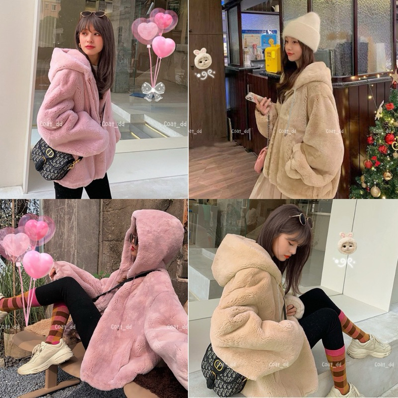 DD(no.105) spring blooms fluffy hoodie coat เสื้อโค้ทขนนุ่มมีฮู้ดซิปหน้ามีกระเป๋าสองข้าง บุซับอย่างดีใส่อุ่นน่ารักสุดๆ
