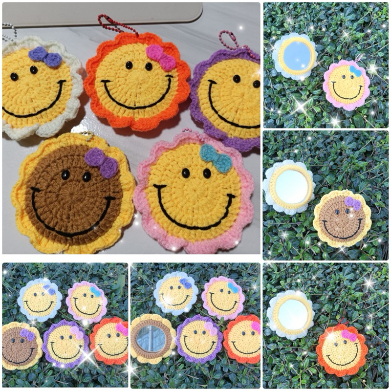 🌻🌼พร้อมส่ง🇹🇭พวงกุญแจกระจกไหมพรม สายไข่ปลา 🌻กระจกพกพา ด้านหลังเป็นกระจก🌼🍀
