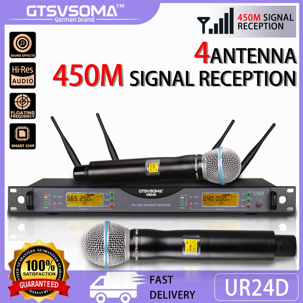 GTSVSOMA ®  แท้ UHF UR24D ไมค์ ลอย ไร้ สาย 450M ไมล์ไร้สาย 4เสาอากาศ โลหะ wireless ไมโครโฟน คาราโอเก