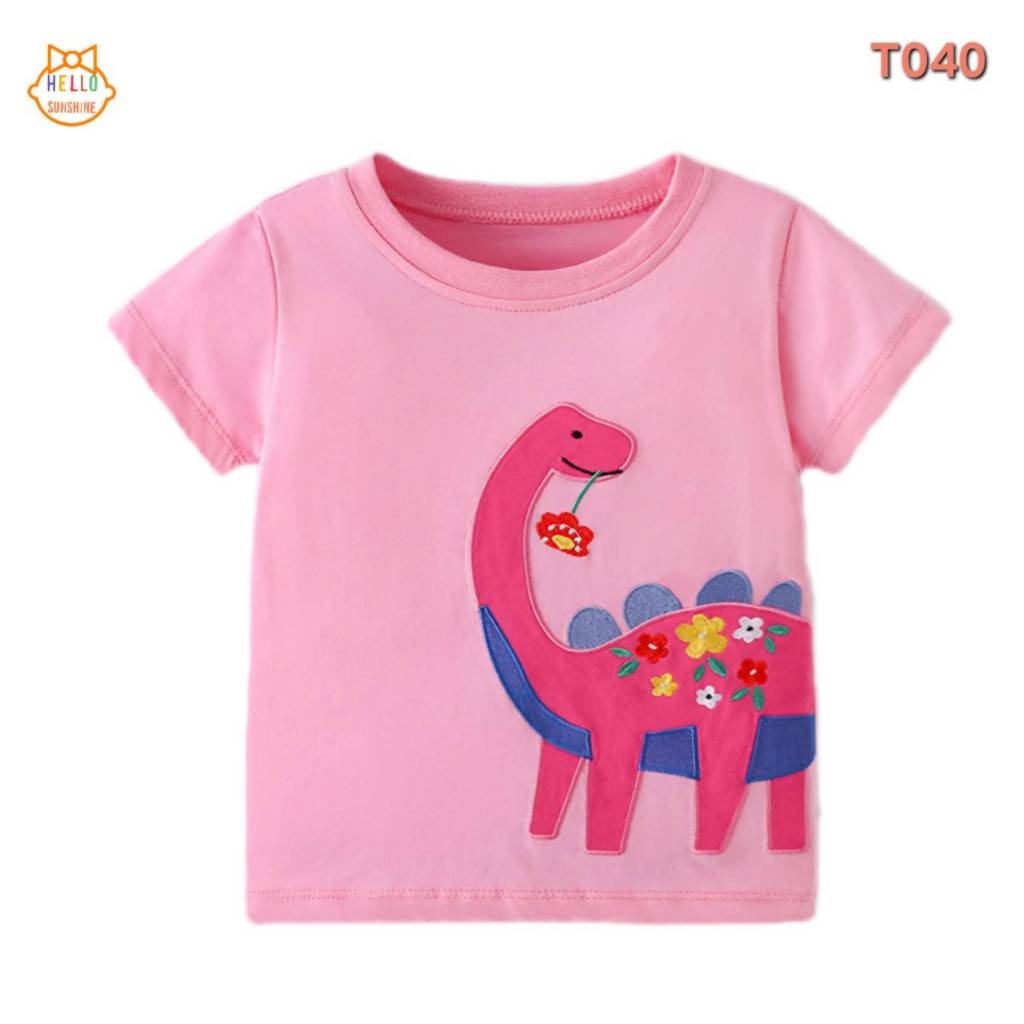 🦕พร้อมส่งจากไทย🌸 เสื้อยืดเด็ก ผ้าคอตตอน100%  เสื้อยืดสีชมพูเข้ม ปักลายไดโนเสาร์คาบดอกไม้