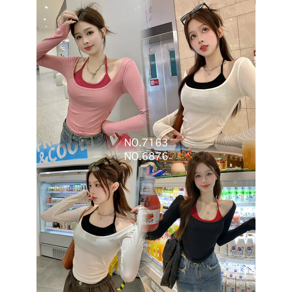 ZH.6876-7163 เสื้อกันแดดแขนยาวผ้าบาง+บราครอปงานผูกคอฟองน้ำในตัว แมทส์ง่ายพร้อมส่ง