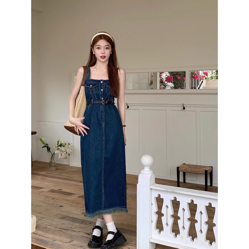 เดรสยาวคอเหลี่ยมสายเดียวมาพร้อมเข็มขัด 7130