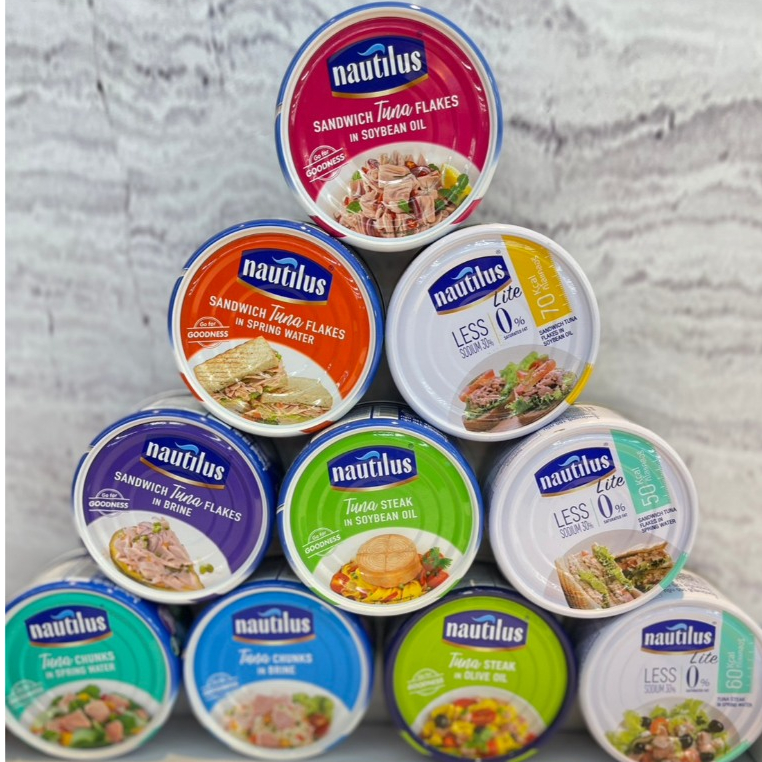 Nautilus Tuna นอติลุส ทูน่ากระป๋อง มี 10 รสชาติ นำ้หนักสุทธิ 150-170กรัม / น้ำหนักเนื้อ 112-125 กรัม