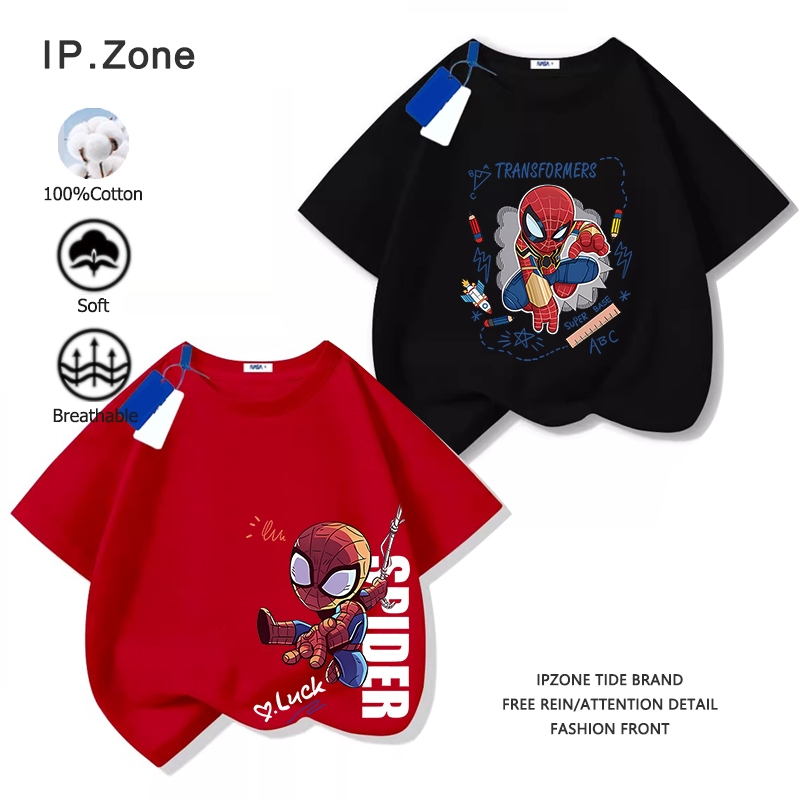 เสื้อยืดเด็ก เสื้อเชิ้ตเด็กชาย Spider-Man ผ้าฝ้ายแท้ การ์ตูนน่ารักเรียบง่ายพิมพ์เสื้อยืดแขนสั้น สวมใส่สบาย ไม่หดไม่ย้วย