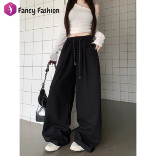 Fancy กางเกงวอร์มผู้หญิง กางเกงขายาว ใส่แล้วดูผอม รุ่นสูง ขากว้างทรงตรง สีพื้น ดีไซน์เชือกรูด