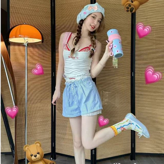 🌸Swift Bra🌸กางเกงขาสั้นผู้หญิง กางเกงขาสั้นลายริ้ว เเต่งกระดุม เอวยางยืด ผ้ายืดหยุ่น แฟชั่น ใหม่