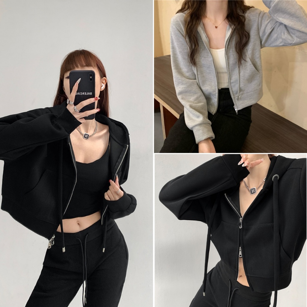 Beryl 🌻 แจ็คเก็ตแขนยาวมีฮู้ดซิปคู่สั้นสำหรับผู้หญิง เสื้อแจ็คเก็ตคาร์ดิแกนมีซิป