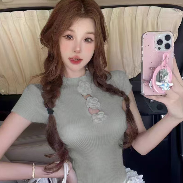 พร้อมส่งในไทย** ไหมพรมคอจีน แต่งดอกไม้ด้านหน้า Y194 - รูปที่ 4