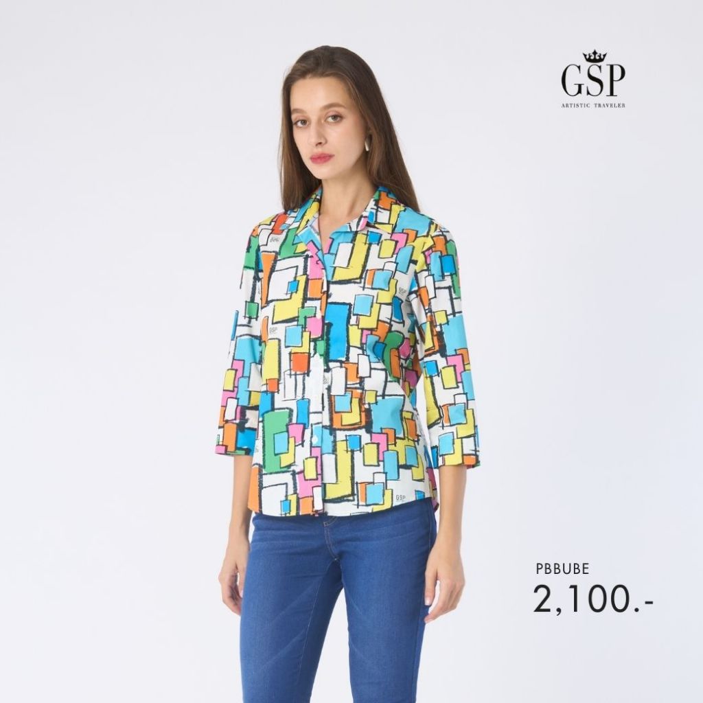 GSP เสื้อเชิ้ตผู้หญิง แขนสามส่วน ป๊อป ทาวเวอร์ สีขาว ส้ม ฟ้า PBDDWH