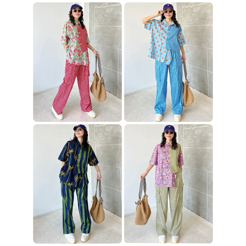 ISSARA (IC25-SET280-1) เซ็ทผ้าคอตตอนอินเดีย เสื้อเชิ้ต + กางเกงคาร์โก้ /อก50นิ้ว/ผู้ใหญ่/