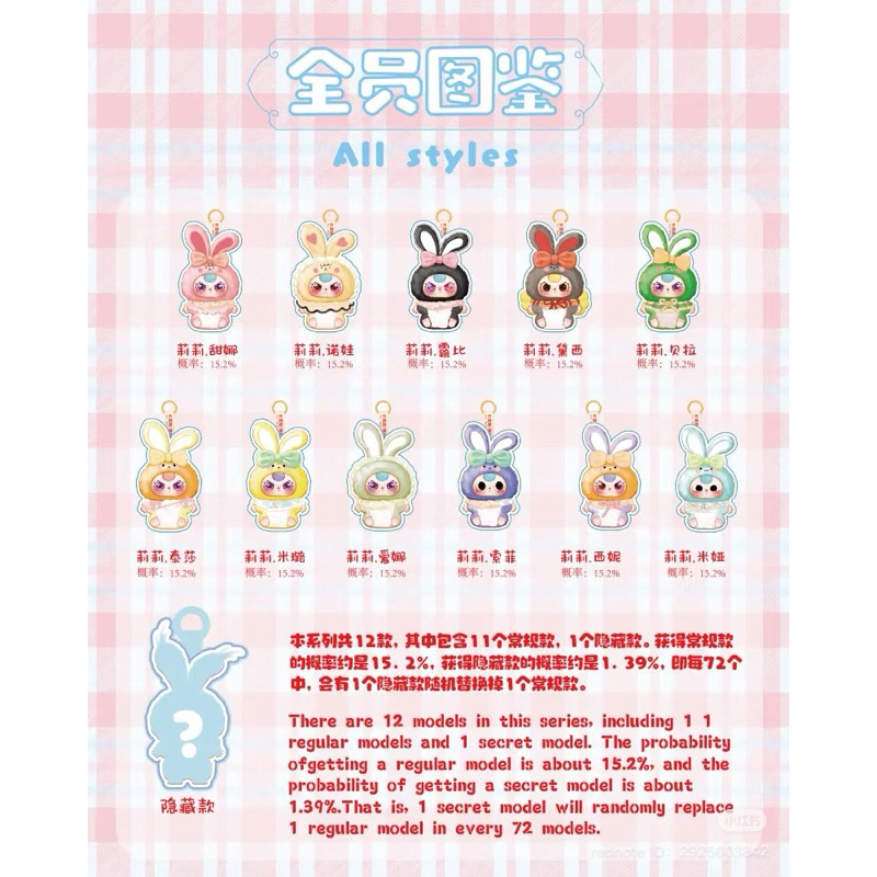 [สินค้าพร้อมส่ง] พวงกุญแจตุ๊กตา Baby Three Lily Rabbit Town V2  : แบบจุ่มและเช็คการ์ด นะคะ อุปกรณ์เสริมกระเป๋า