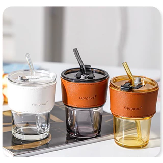 kingshopping(2074) ถ้วยแก้ว แก้วใส่น้ำ 450ml แก้วกาแฟ สไตล์มินิมอล พร้อมหลอดแก้ว ฝาปิด ปลอกซิลิโคนกันร้อน