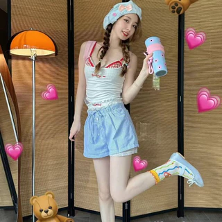 🌸พร้อ​มส่ง🌸กางเกงขาสั้นผู้หญิง ลายทาง เเต่งกระดุม เอวยางยืด ผ้ายืดหยุ่น ใหม่ กางเกงขาสั้นลายทาง