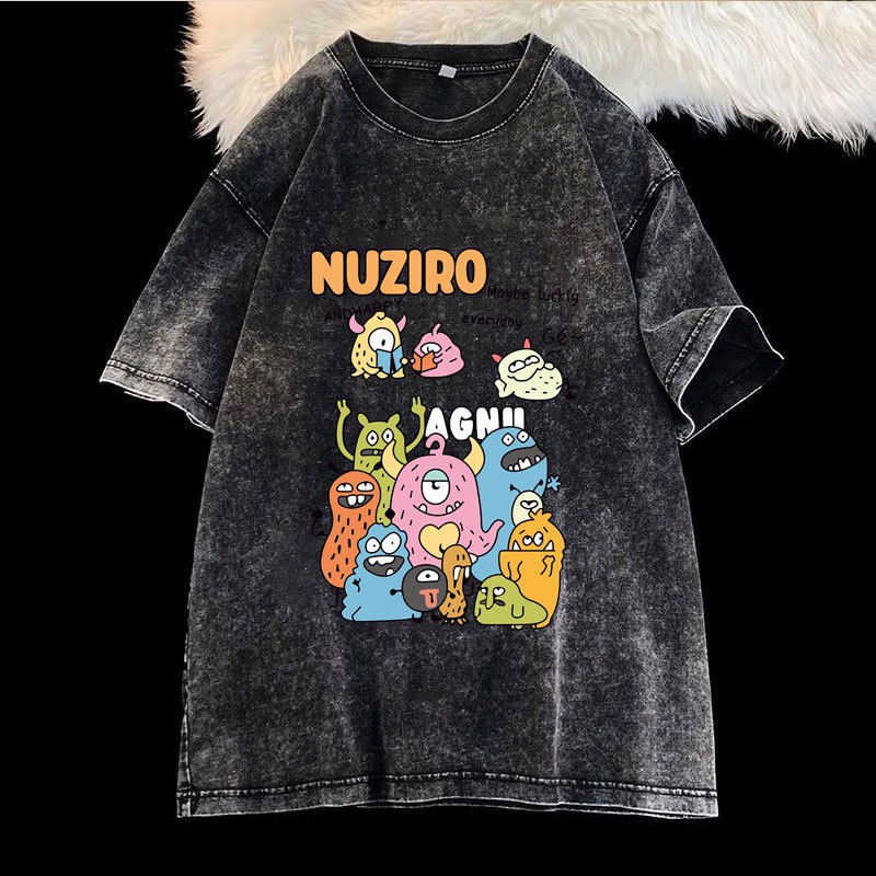 เสื้อฟอกวินเทจผู้หญิง ผ้าคอตตอน 100% oversize เสื้อผ้าไซส์ใหญ่ เสื้อโอเวอร์ไซส์เกาหลี สกรีนลายการ์ตูนญี่ปุ่นแฟชั่นมาใหม่