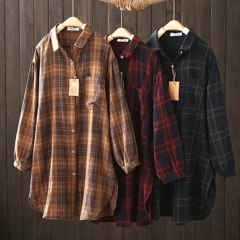 [Scott ตัวยาว] เสื้อเชิ้ตตัวยาว ยาว 33“ เสื้อคลุมลายสก๊อต ผ้าสาลู 2 ชั้น ความยาวประมาณมินิเดรส HerbieStyle