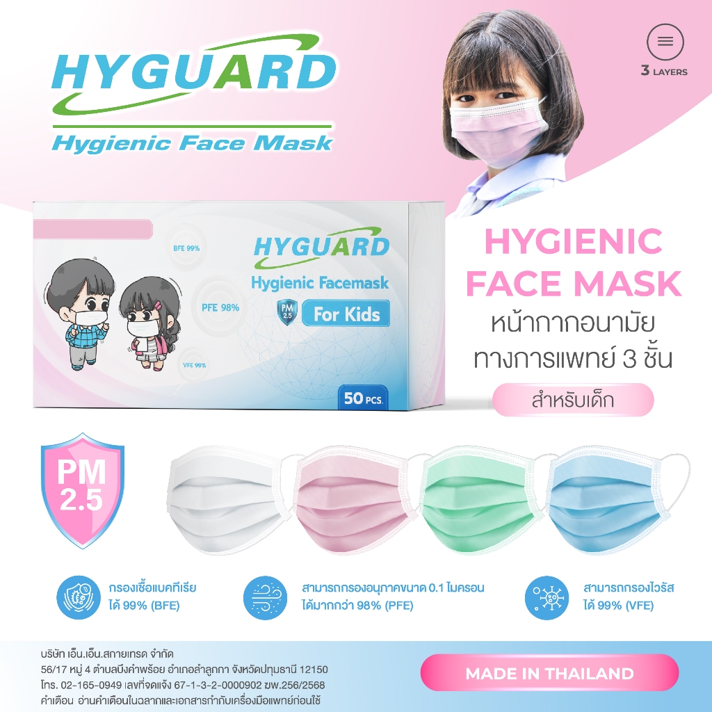 Hyguard Kidsหน้ากากอนามัย 3 ชั้น สำหรับเด็ก 1กล่อง บรรจุ 50 ชิ้น