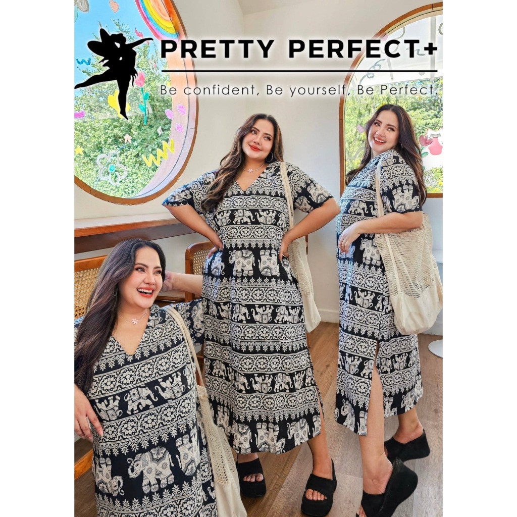 เดรสยาวคอวี มีกระเป๋าข้าง ผ่าข้าง พิมพ์ลายฮิตน้องช้างปังๆ ใส่ง่ายใส่สบายสาวๆ ไม่ควรพลาด พลัสไซส์ สาวอวบอ้วน