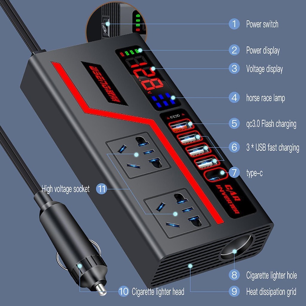 200W 4USB ชาร์จในรถยนต์ เป็น ไฟบ้าน รถ อินเวอร์เตอร์พาวเวอร์ 12V 24Vเป็น 220V ที่ชาตแบตรถยน หัวชาจในรถยนต์ แปลงไฟรถ - รูปที่ 3