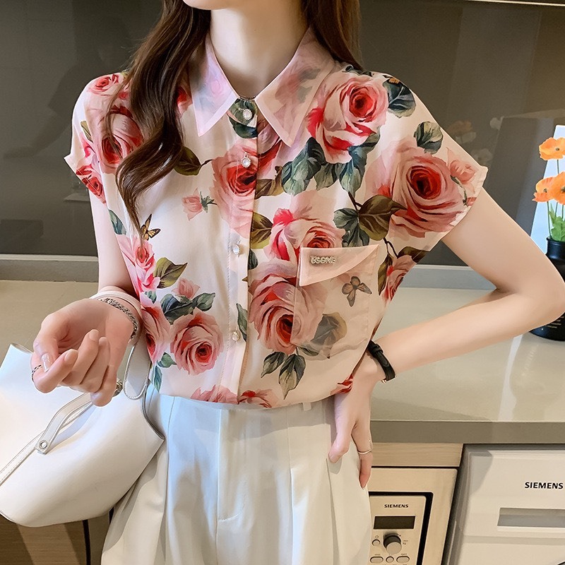 PS--รุ่น367เสื้อเชิ้ตผ้าชีฟองแขนสั้นผู้หญิงเสื้อเบลาส์พิมพ์ลายดอกฤดูร้อนสไตล์ใหม่ พร้อมส่งจากกรุงเทพ