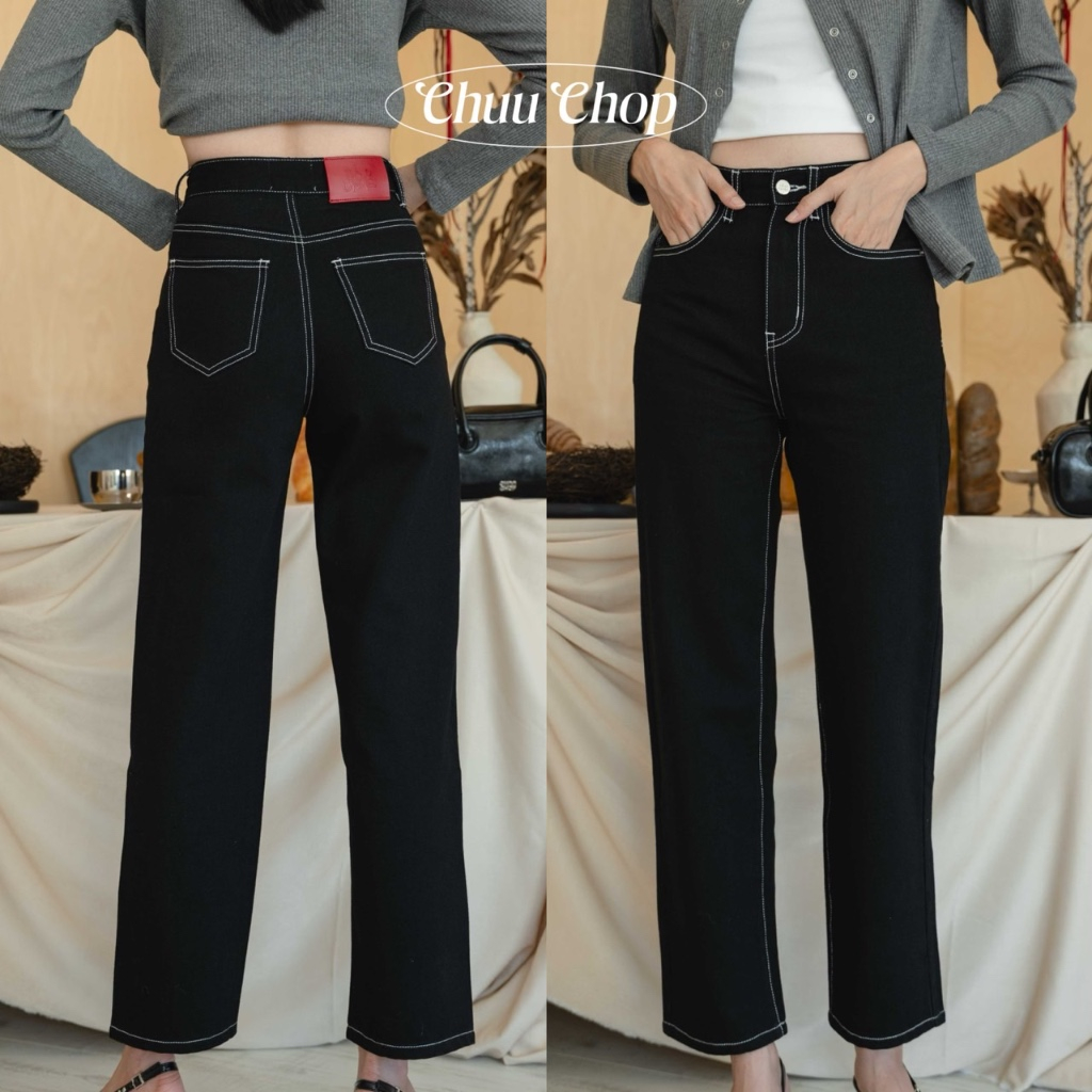 chuuchop(C8368)Eyes On Jeans กางเกงยีนส์ดำ เย็บด้ายขาว