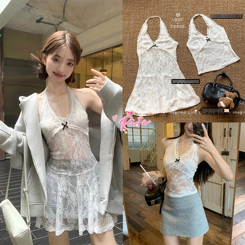 Lalisa  พร้อมส่ง🎀เสื้อลูกไม้เซ็กซี่🎀สีขาวสั้นและยาว ไม่มีฟองน้ำ ซีทรูเบาๆ แมทช์ง่าย Y2K เสื้อแขนกุด สวยมาก เซ็กซี่สวย