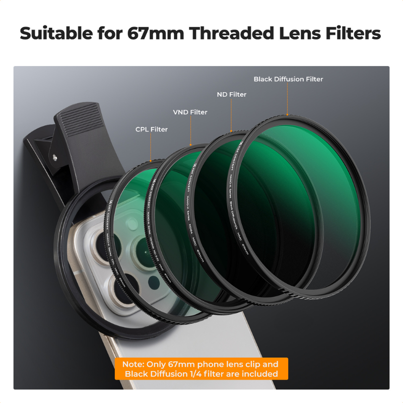 K&F Nano-K Filter Black Mist 1/4 พร้อมตัวหนีบโทรศัพท์สำหรับใส่ฟิลเตอร์ขนาด67mm. (KF01.2898V2)