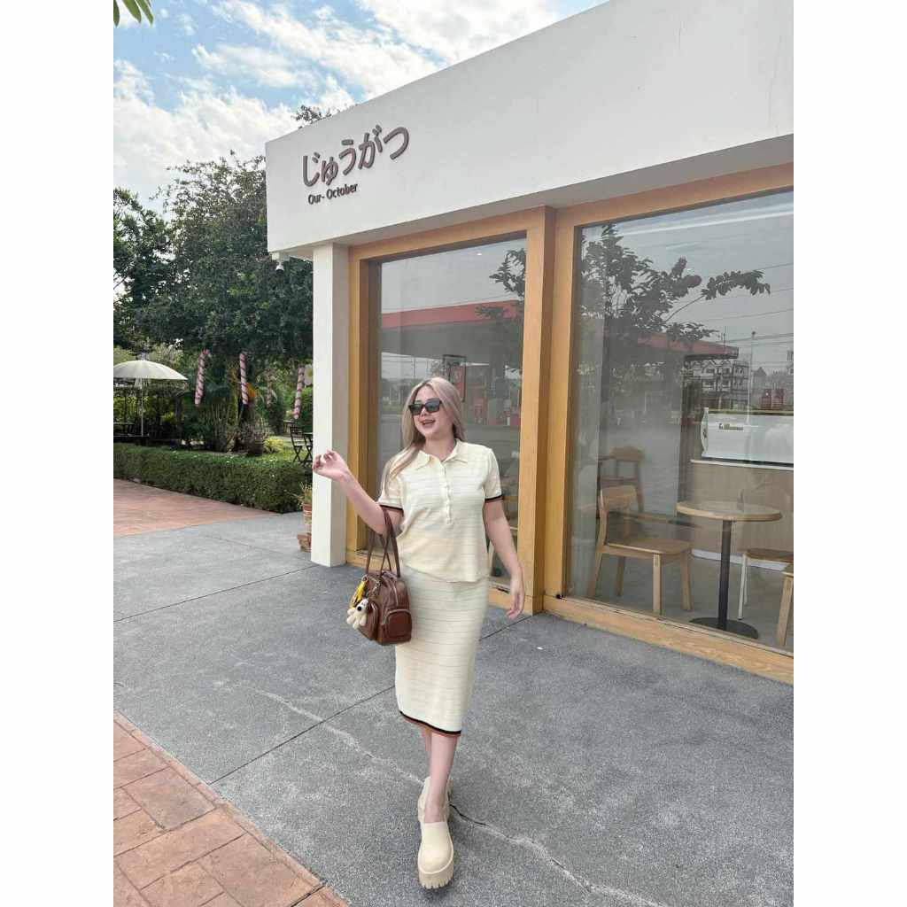 (S854)ชุดเซ็ตไหมพรมถักเสื้อคอปก+กระโปรงยาว