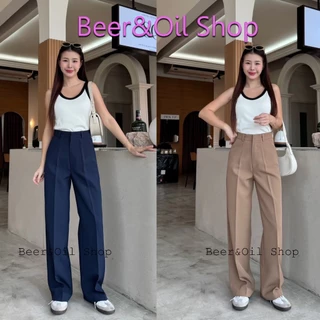 B0014 Beer&Oil กางเกงขายาวเอวสูง ผ้าไมโคร งานตะขอหน้าขาตรง ซิปหน้า แต่งดีไซน์หูเข็มขัด
