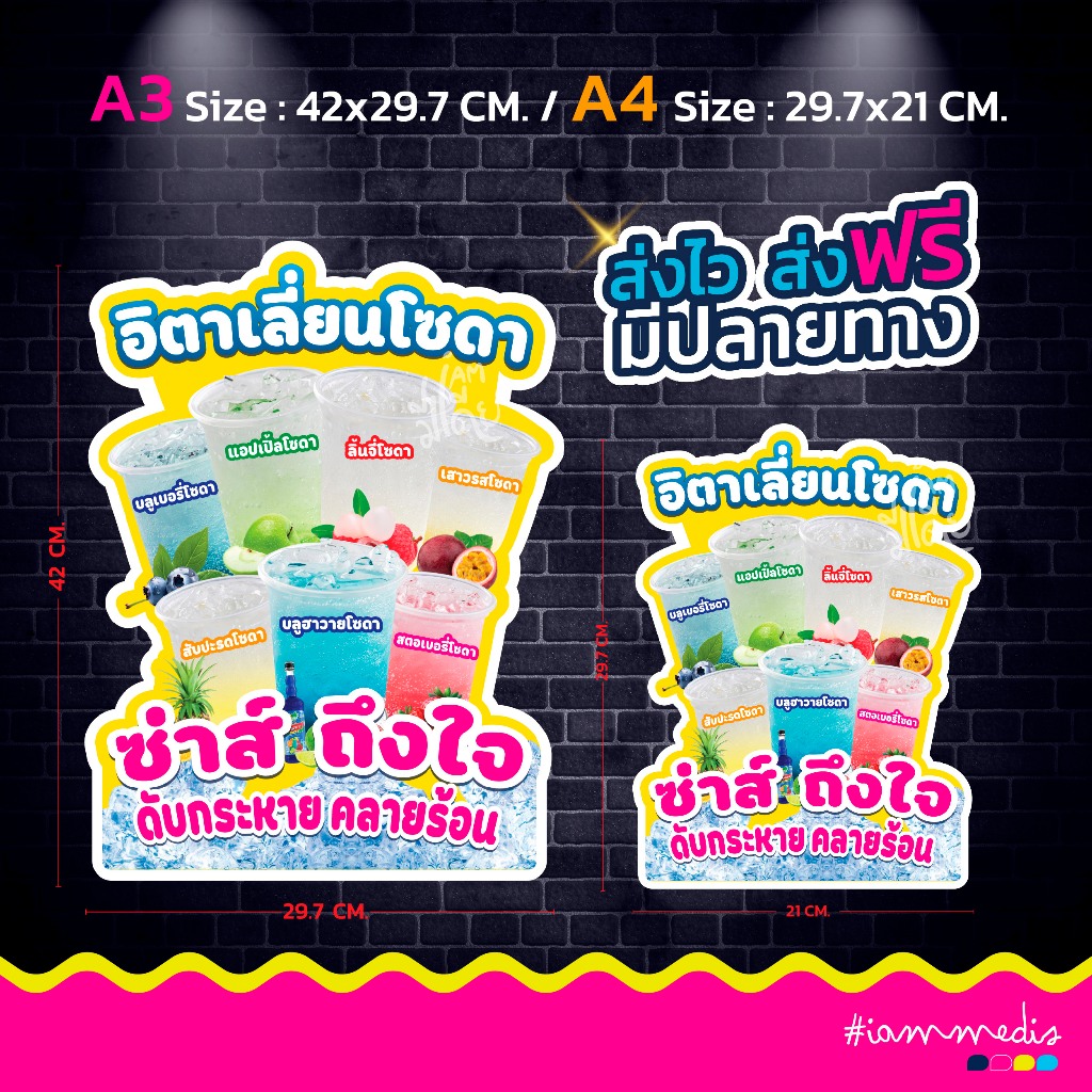 (พร้อมส่ง)ป้ายฟิวเจอร์บอร์ด อิตาเลี่ยนโซดา เมนูเครื่องดื่ม เมนูอาหาร สีสันสดใส กันน้ำ กันรอย