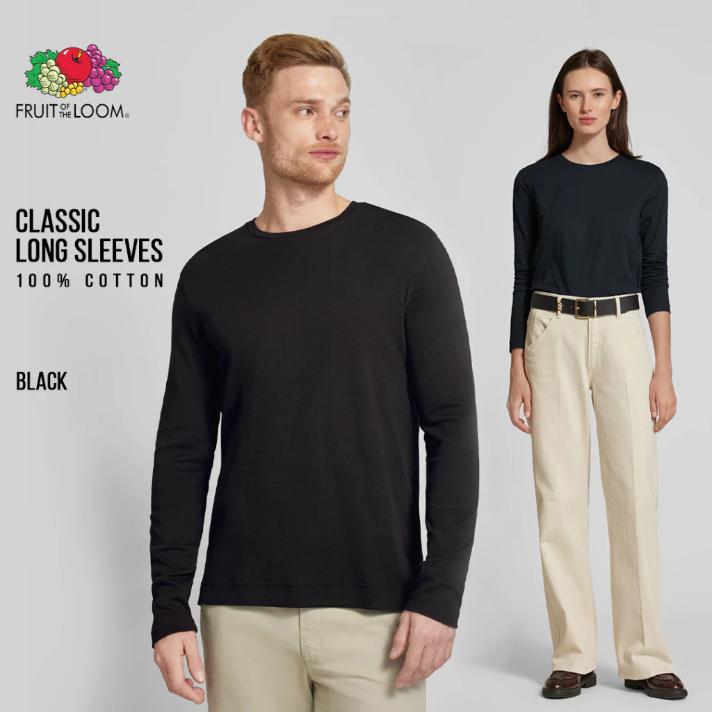 Fruit of the Loom Classic เสื้อแขนยาวสำหรับผู้ชายและผู้หญิง เสื้อสเวตเชิ้ตคอตตอน 100% สีดำ
