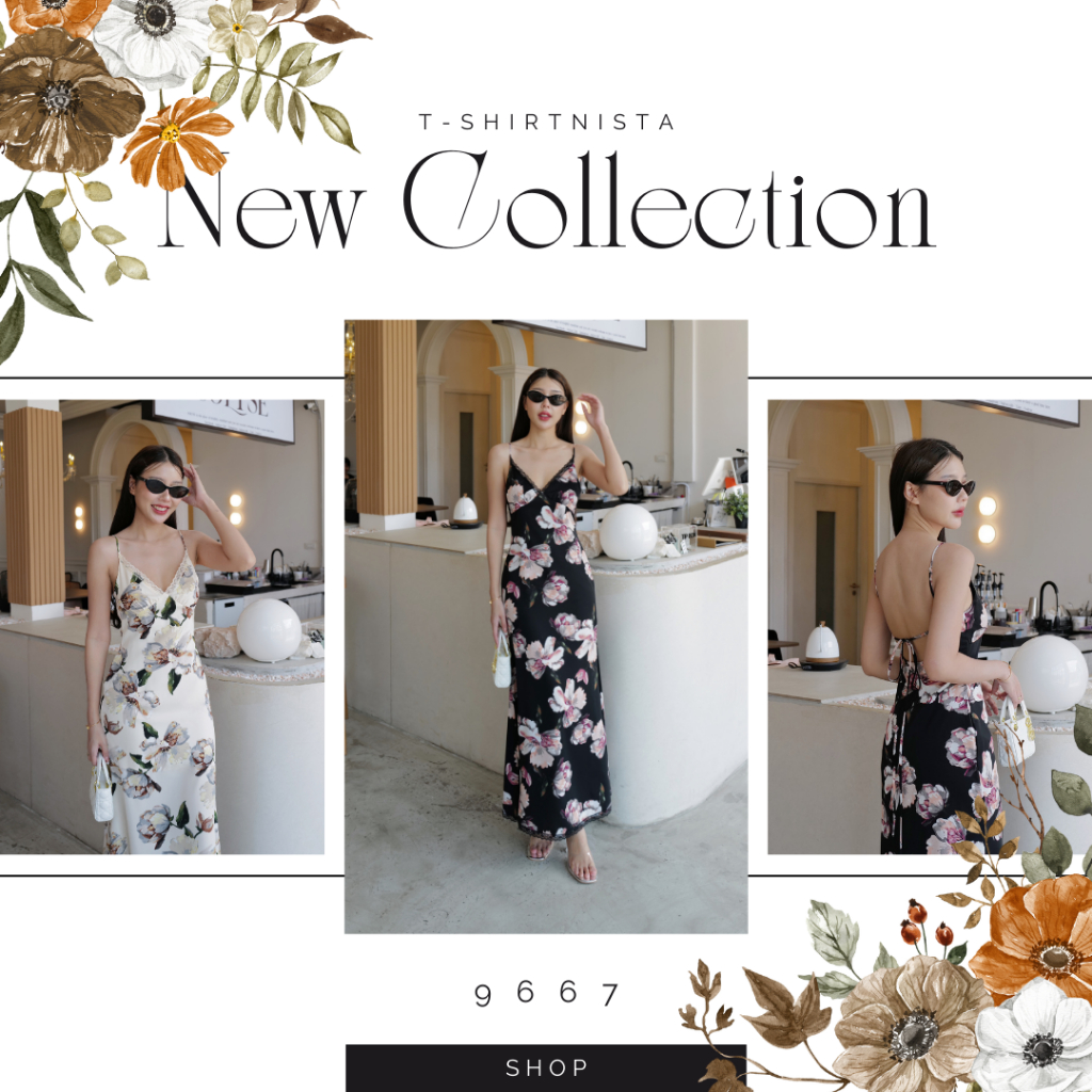Intuon Flower top #9667เดรสสายเดี่ยวลายดอกไม้แต่งขอบลูกไม้ช่วงอก (INT3I)​ T-SHIRTNISTA