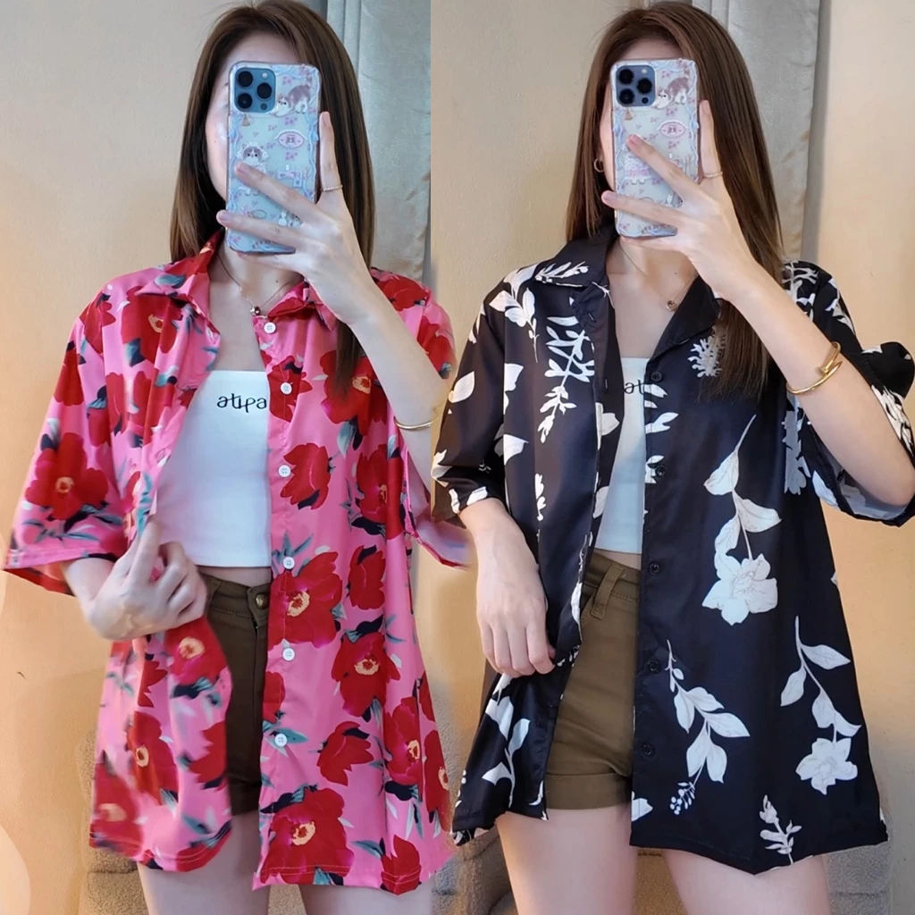Hawaii เสื้อเชิ้ต ปกฮาวาย แขนสั้น ลายดอก ผ้าไหมอิตาลี