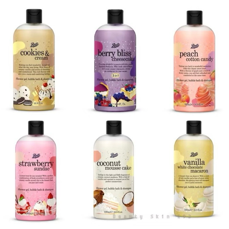 เจลอาบน้ำ&แชมพู Boots Shower Gel, Bubble Bath & Shampoo  500ML Flavour Collection