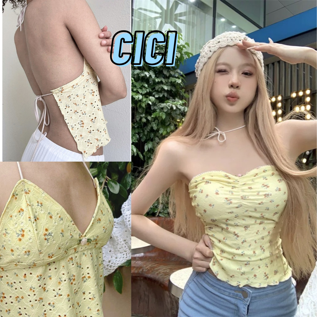 ส่งทันที Cici(NO. H8827/H8828) เสื้อคล้องคอผ้าฉลุผูกหลัง/เกาะอกดีเทลจ้ำตรงอกมีซับด้านใน พิมพ์ลายดอกไม้เหมาะสำหรับsummer