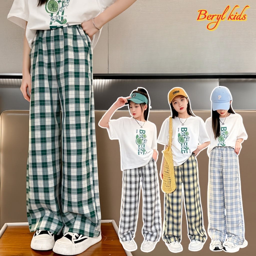 Beryl kids🌸กางเกงเด็กผู้หญิง🎀กางเกงลำลองเด็กฤดูร้อน กางเกงลายสก๊อต ขากว้างหลวมๆ สไตล์เกาหลี แฟชั่น รุ่นใหม่