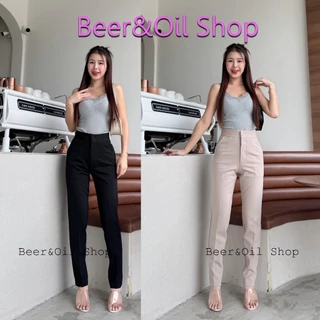 B0013 Beer&Oil กางเกงขายาวเอวสูงตะขอหน้า10ส่วน ผ้าโรเชฟ ซิปหน้ามีกระเป๋า2ข้างใช้งานได้จริง