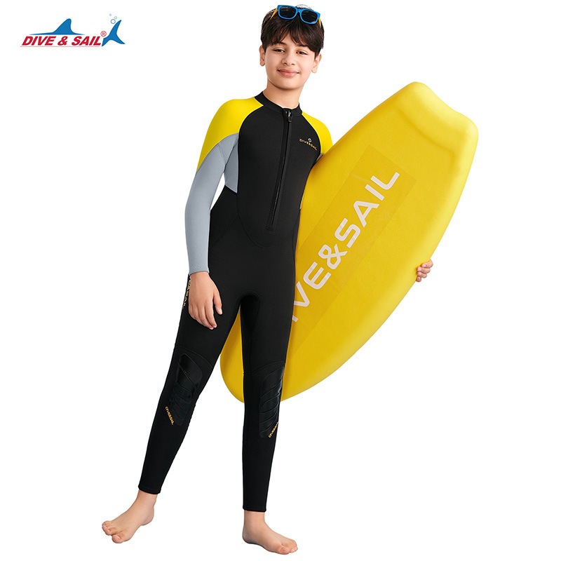 (แถมหมวก)ชุดว่ายน้ำเด็กชาย ของเด็กโต เก็บอุณหภูมิ 2.5MM เด็กโต  B.Rดำ-เทา-เหลือง ยาว