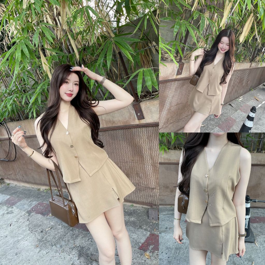 เบจ/น้ำตาล/เทา SLYQ BELTED VEST TOP & SKIRT SET เซ็ตเสื้อแขนกุดกระดุมหน้าคอวี และกระโปรงสั้นผ่าหน้า