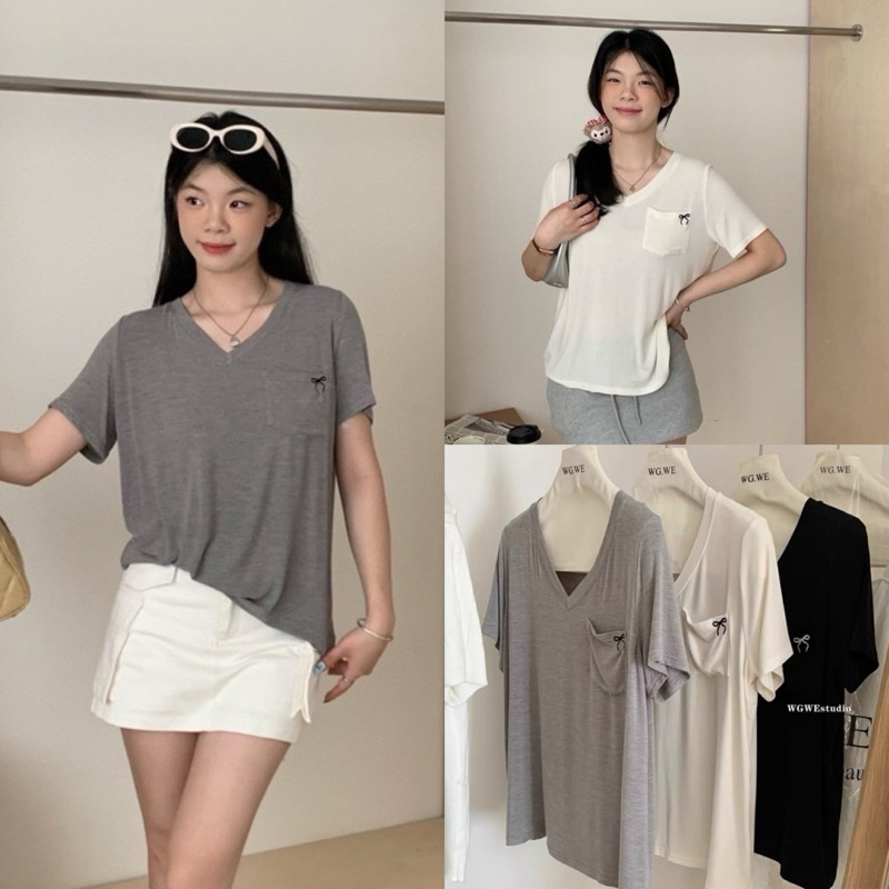 เสื้อแขนสั้นคอวีปักลายโบว์รุ่น 8430 TAG:WG.WE 🇰🇷