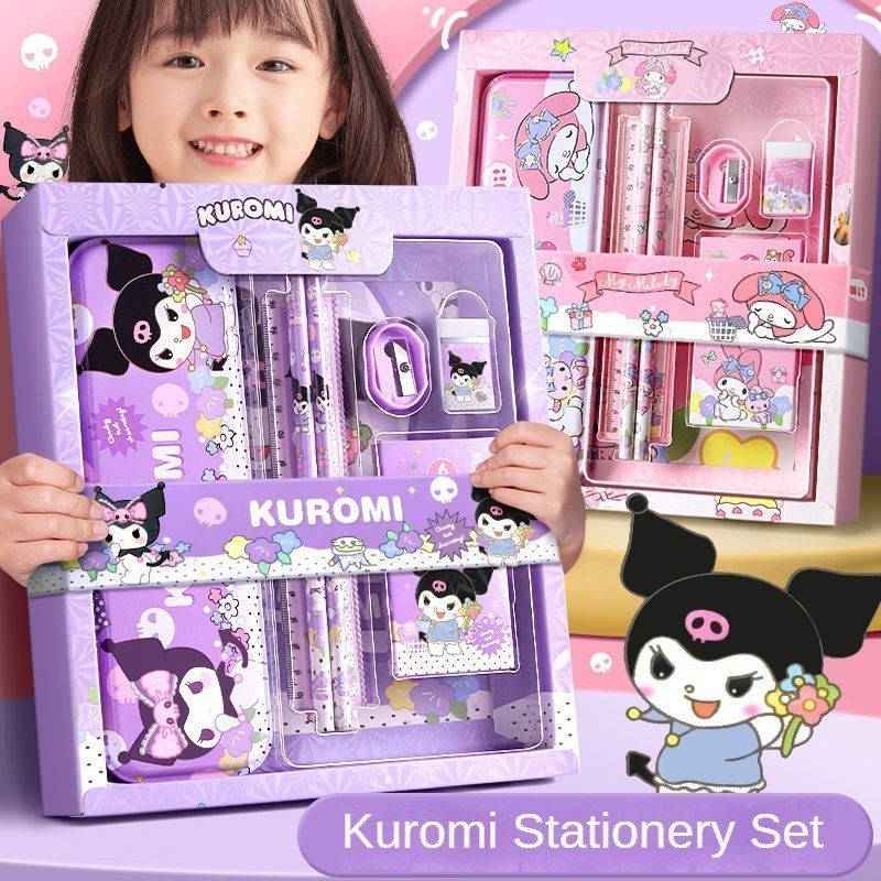 ชุดเครื่องเขียน กบเหลาดินสอ ไม้บรรทัด ดินสอ ลายการ์ตูนน่ารัก kuromi Sanrio Cinnamoroll พร้อมกล่องของขวัญ12สําหรับน