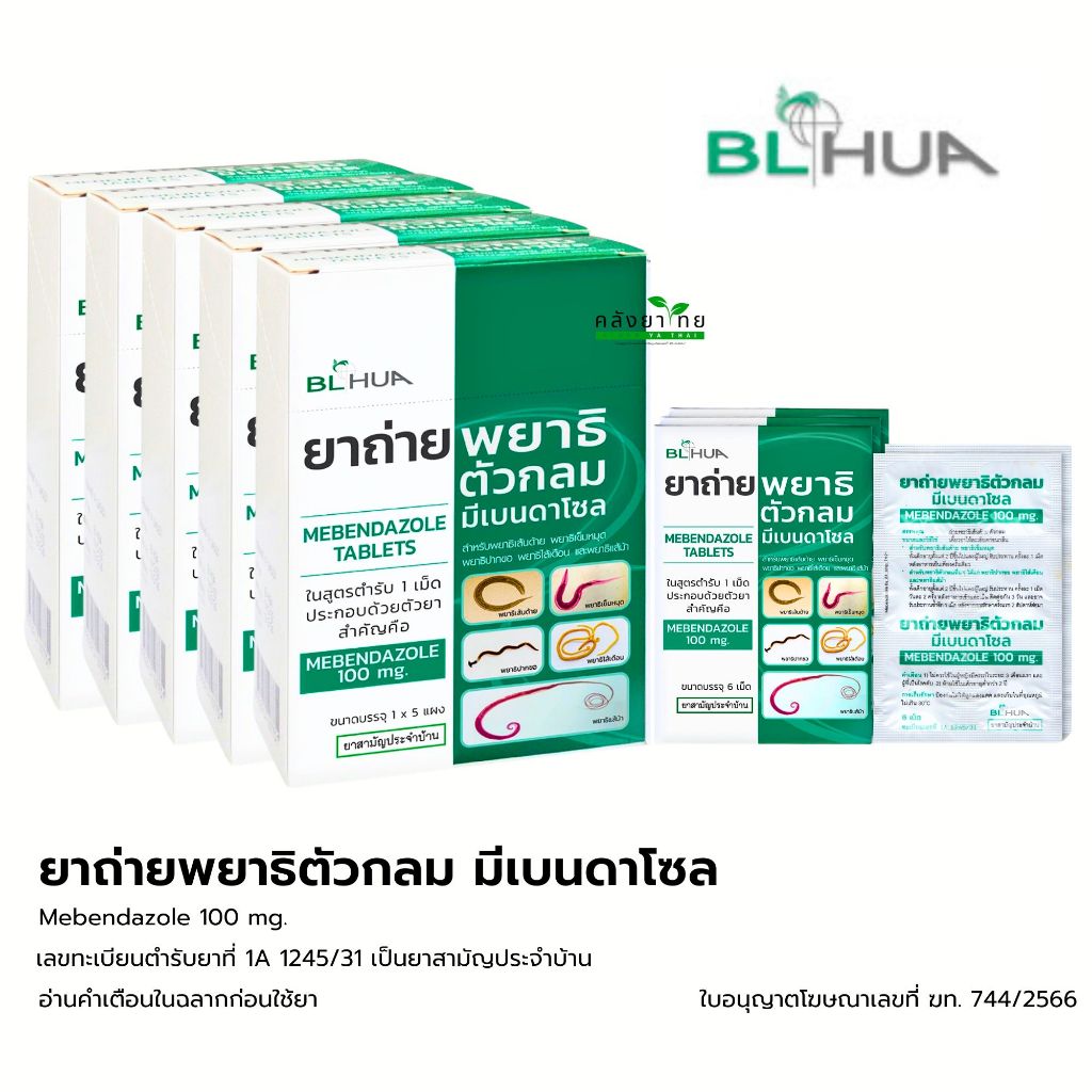 [ยกกล่อง] ยาถ่ายพยาธิตัวกลม Mebendazole 100 mg. ยาถ่ายพยาธิ [กล่องละ 5 แผง แผงละ 6 เม็ด ]