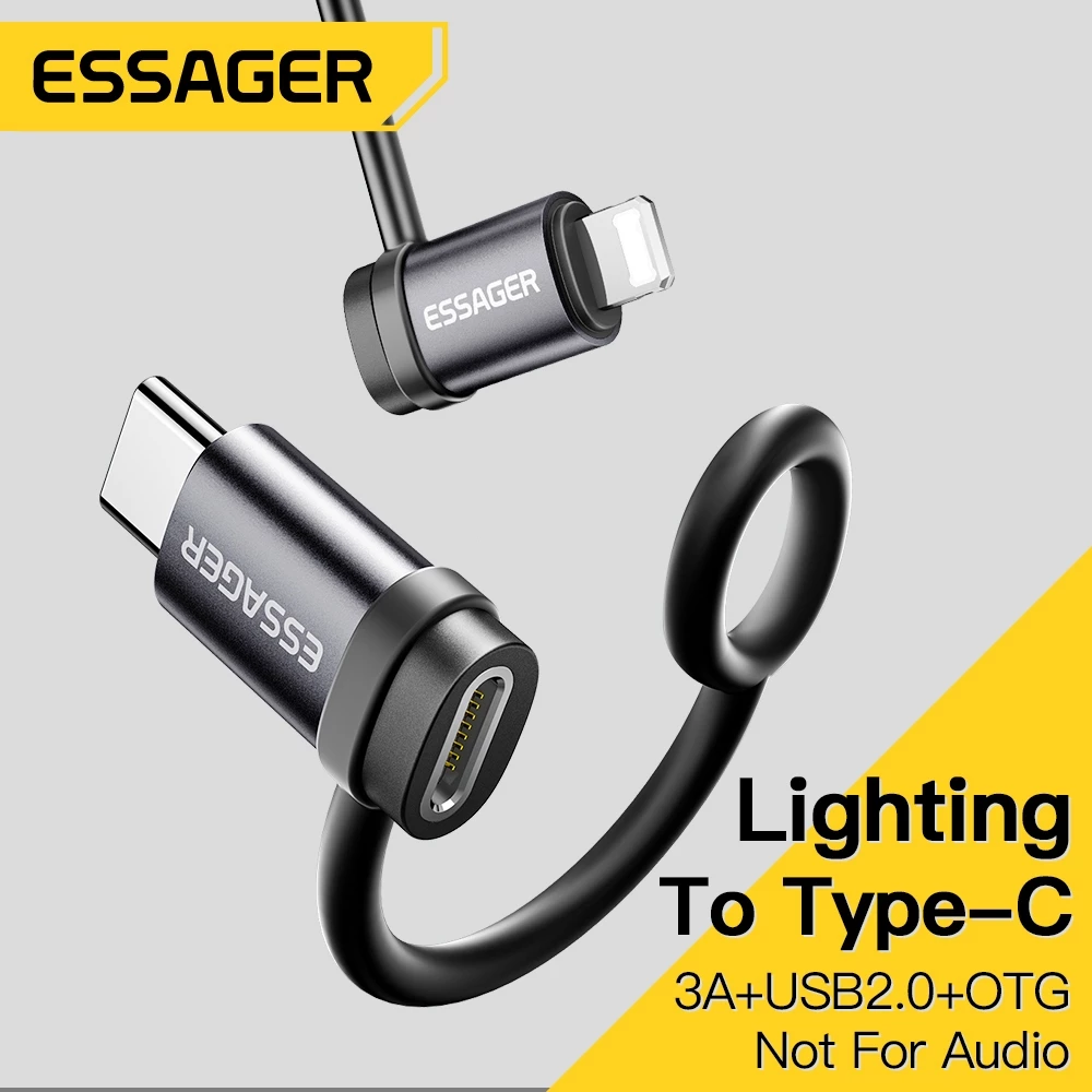 Essager ตัวแปลง OTG L เป็น Type-C พร้อม USB2.0 3A แหวน480Mbps Type C ไปยังตัวแปลง L สำหรับ 15 14 13 Pro Max Pad