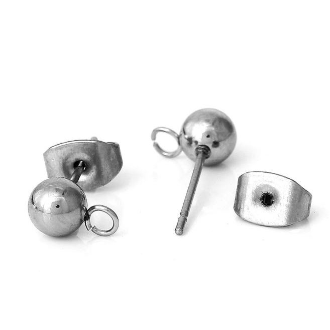 304 Stainless Steel Ear Post Stud Earrings Findings Ball Silver Tone W/ Loop 17mm( 5/8") x 8mm( 3/8"