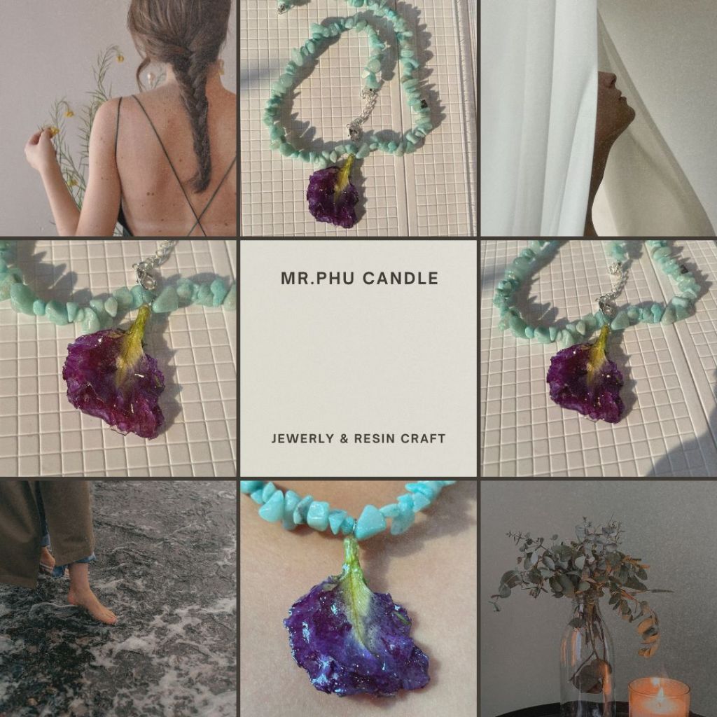 MR.PHU สร้อยคอ GELBOY โทนฟ้า ดอกไม้แห้ง เรซิน มีชิ้นเดียวในโลก พร้อมส่ง