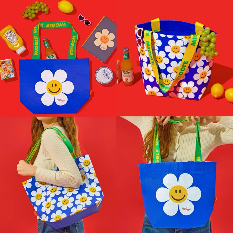 พร้อมส่ง🌈Wiggle Wiggle แท้ 💯 กระเป๋า Smile We Love Blue ถุงช้อปปิ้ง กระเป๋ารียูส Bag กระเป๋าน่ารัก 04096