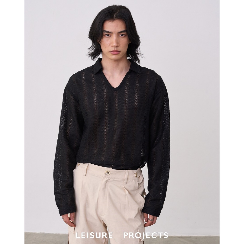 (Leisure Projects) BABY KNIT V-NECK LONG SLEEVE เสื้อโปโลเเขนยาวคอวี ตัดเย็บด้วยผ้าทอลาย Geometric กึ่งซีทรู ราคา ถูกที่สุด ดีลบีเคเค