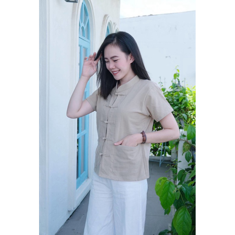 เสื้อคอจีนดระดุมสานขอดเสื้อผ้าฝ้ายฟอกนุ่มแต่งกระเป๋าหน้าซ้ รูปที่ 5