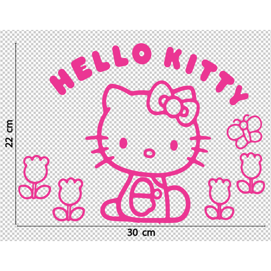 สติกเกอร์ ตัด ลายเส้น Kitty นั่ง มี ดอกไม้ ผีเสื้อ ขนาด 22 x 30 ซม. วัสดเป็น PVC กันน้ำ