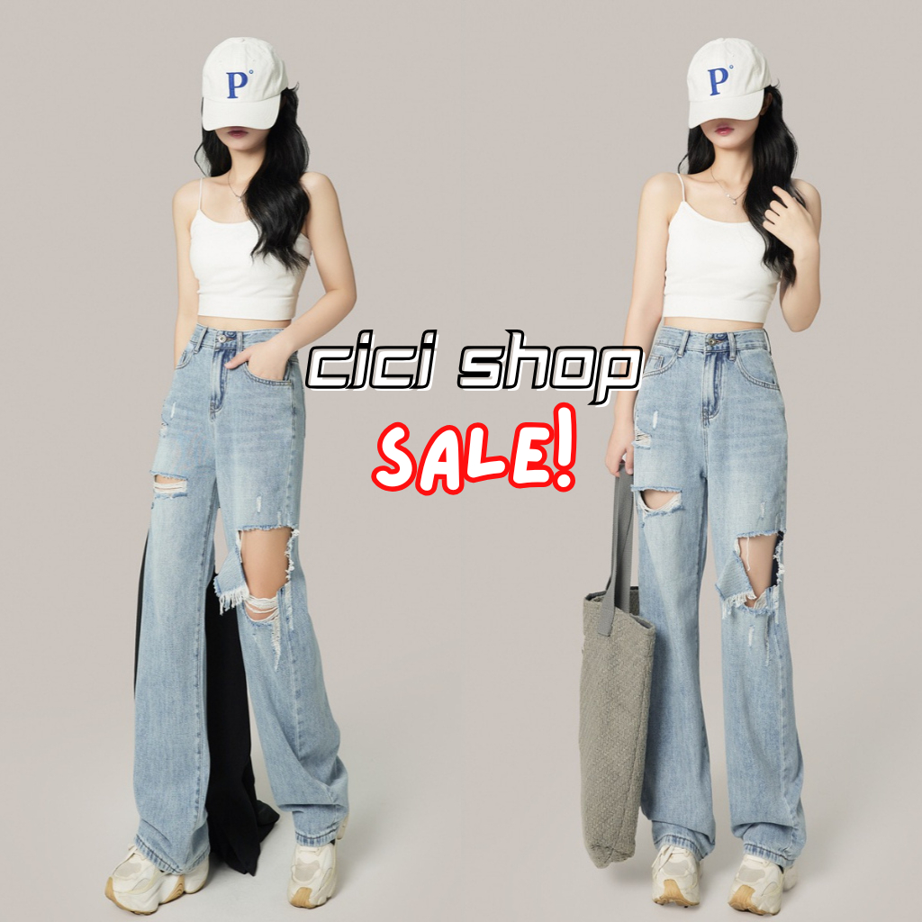 SALE / มีตำหนิ กางเกงยีนส์ขายาว เอวสูง แต่งขาด สินค้ามือ 1 จากทางโรงงาน ลดสุดๆ!!